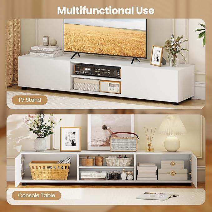 Tangkula Modern TV Stand for up to 70” TVs 63”L Minimalist Entertainment Center w/ 2 Doors &amp Open Shelves Media Console Table Storage Cabinet with 6 Support Feet for Living Room (White 63”L)