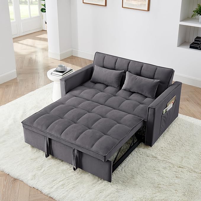KEIKI 54.33 Pull-Out Sofa Couch Bed 2 in 1 Convertible Velvet Sleeper Sofa with Adjustable Back for Apartment Living Room Antique Gray