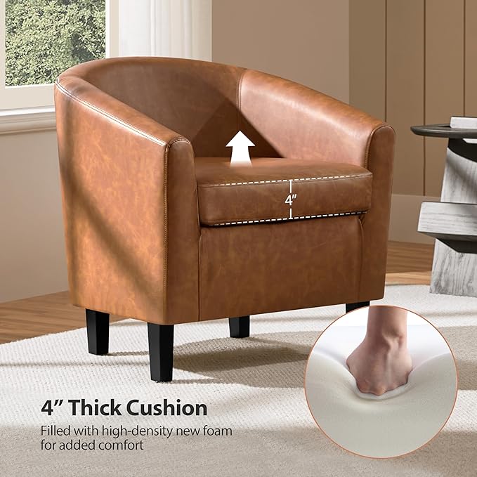 Yaheetech Brown Accent Chairs Set of 2 Faux Leather Barrel Chairs Comfy Modern Leather Club Armchairs with Soft Seat for Living Room Bedroom Reading Waiting Room Brown