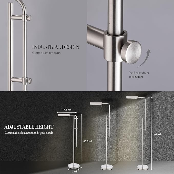 O'Bright Cedric Adjustable Pharmacy Floor Lamp - Industrial Design for Reading Crafting Work - 10W LED Height 45-61 inches - Ideal for Living Room Bedside Office - Brushed Nickel