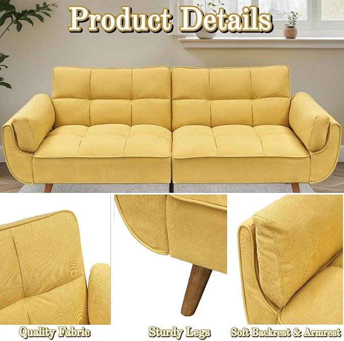 Convertible Futon Sofa Bed Modern Futon Couch with 2 Pillows Small Futons Couch with Adjustable Armrest &amp Backrest Loveseat Sofa Bed for Living Room Bedroom Yellow