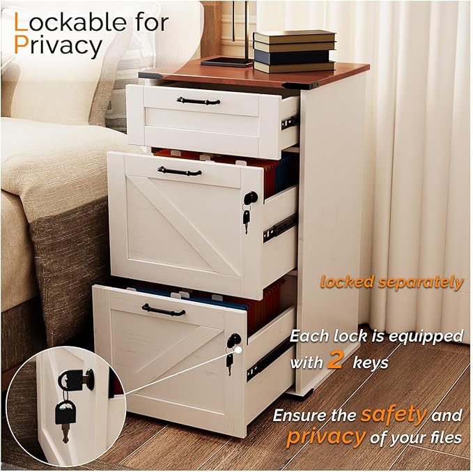 VINGLI 3 Drawer File Cabinet with Lock Home Office Filing Organizer for Letter Size File Folder Storage Modern Farmhouse Style Wood Vertical Filing Cabinet Archivador (Rustic White &amp Brown)