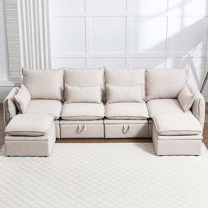 114 Modular Sectional Sofa Sectional Couches for Living Room U Shaped Cloud Couch with Storage &amp Ottoman Waterproof Wide and Deep Seat 6 Seats (Beige)