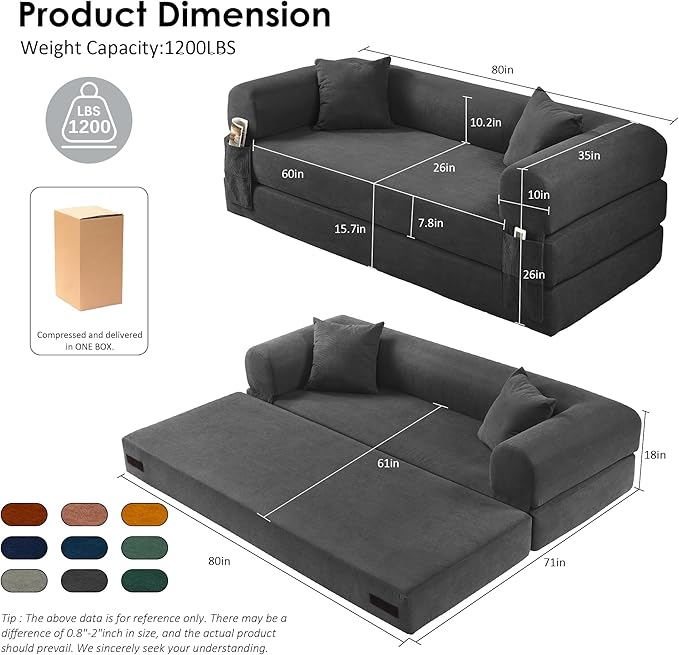80 Convertible Sofa Bed Corduroy Deep Seat Folding Pull Out Couch with Pillows No Assembly Modern Boneless Couch Compression Sofa in Box Floor Sofa with Storage Pocket for Living RoomDark Grey
