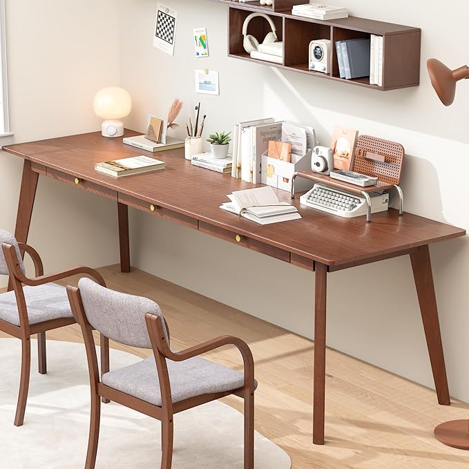 Long Solid Wood Desk with Drawers - 70.9” Mid Century Modern Executive Desk for Two People Home Office Computer Desks Vintage Writing Study Table for Any Room - 2 Person Desks -Walnut