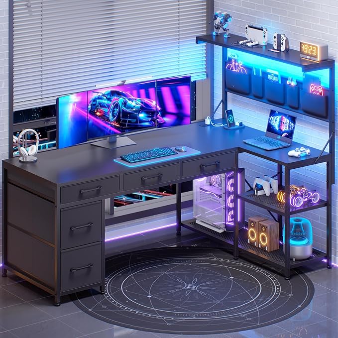 SEDETA L Shaped Gaming Desk 47.2 Reversible Small Computer Desk with 5 Drawers and Storage Shelves Corner Gaming Desk with LED Lights and Power Outlet Black