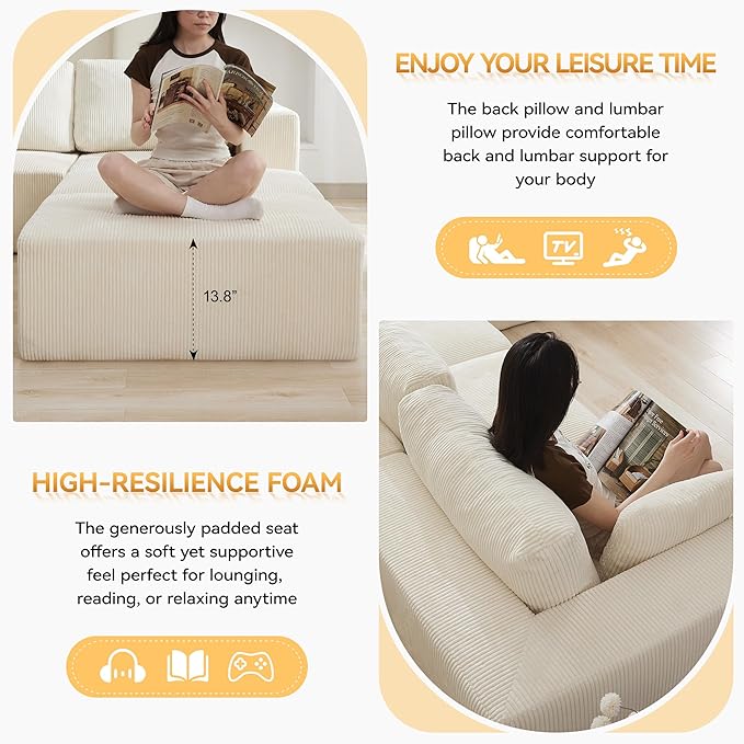 83'' Boneless Loveseat Sofa Comfy Deep Seat Sectional Cloud Couch No Assembly Corduroy Love Seat for Living Room Beige