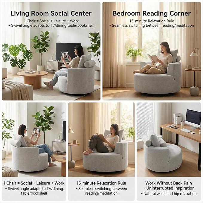 Furnimart 40 Oversized Barrel Accent Chair Set of 2 360° Swivel Round Upholstered Sofa Chenille High-Resilience Sponge No Assembly Wide Seat for Living Room Bedroom Apartment (Gray)