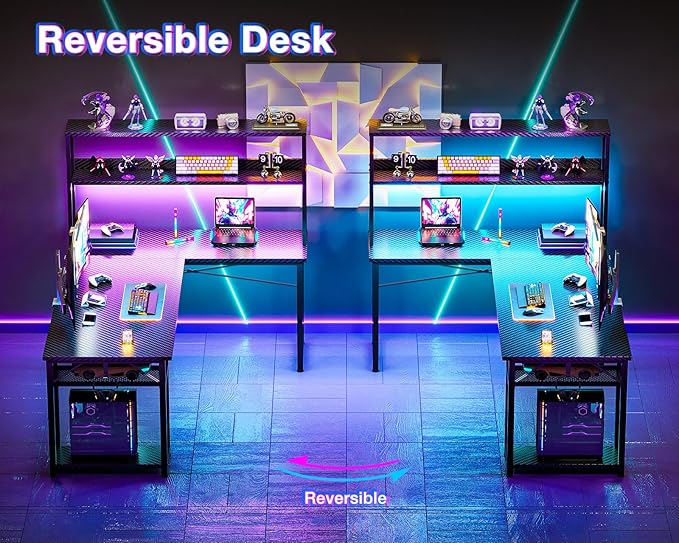 ODK 61 L Shaped Gaming Desk with Hutch &amp Headphone Hook Corner Computer Table with Storage Shelves for Home Office Black