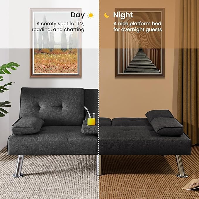 Anwick Futon Sofa Bed Modern Folding Couch for Small Space Linen Convertible Loveseat Sleeper Bed Daybed Recliner Lounge Sofas for Living Room2 Cup HoldersMetal LegsRemovable Armrests (Dark Gray)