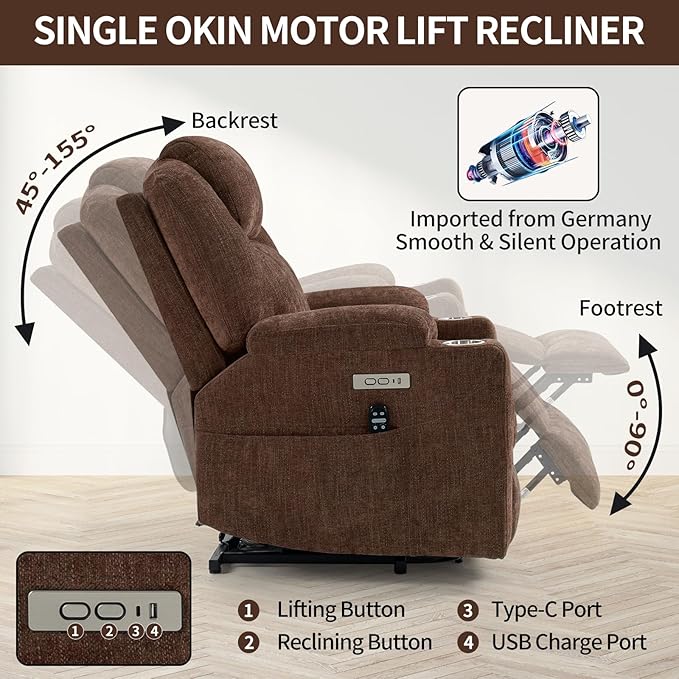 Chenille Electric Power Lift Recliner Chair Massage Single Sofa with Vibration Massage and Lumbar Heating Ergonomic Lounge Couch with Cup Holders and USB Charge Port for Living Room (Brown)