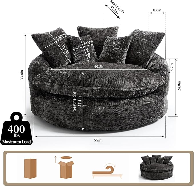 55 inch Oversized Round Chair Fluffy Chenille Boneless Sofa with Extra Deep Seat for Living Room Lounge (Grey)