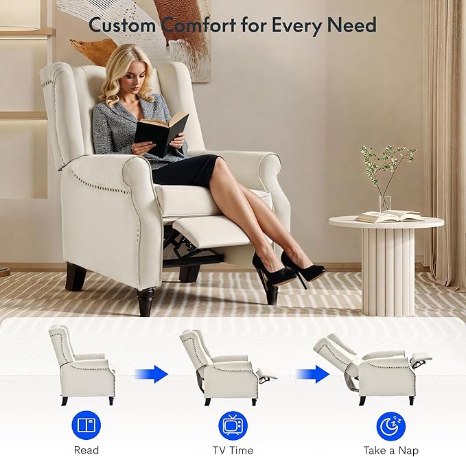 FLEXISPOT XC5 Pushback Recliner Chair for Adults Mid Century Wingback Accent Chair with Rivet Decoration Tufted Upholstered Single Sofa Armchair for Living Room Bedroom Study (PU Brown)
