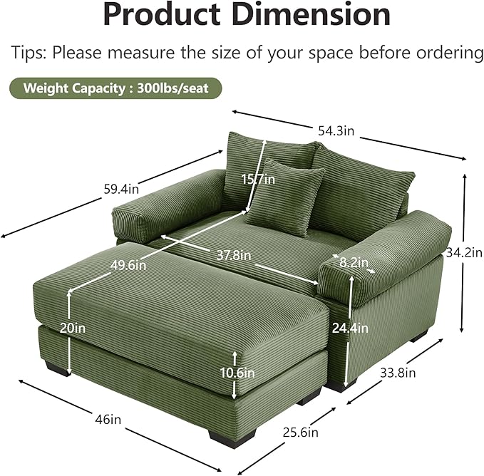 ERYE Modern Corduroy Upholstered Accent Chair and Ottoman Set Oversized Wider Seat Armchair Leisure Comfy Lounge Chaise with Removable CushionArmrests and 3 Pillows