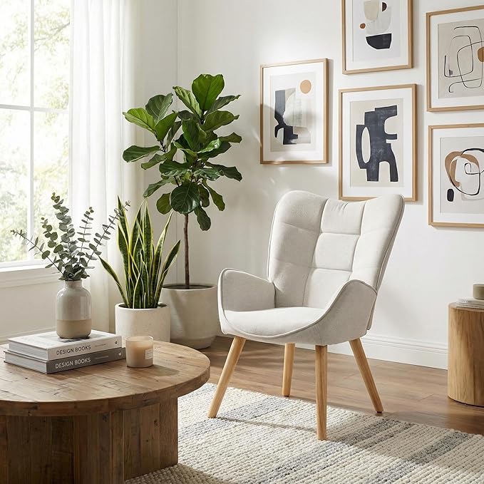 FurnitureR Upholstered Tufted Wingback Chair Fabric Living Room Leisure Chair Comfortable Stylish with Solid Wood Legs Accent Armchairs High Back Ergonomic for Bedroom/Lounge Beige/Oak