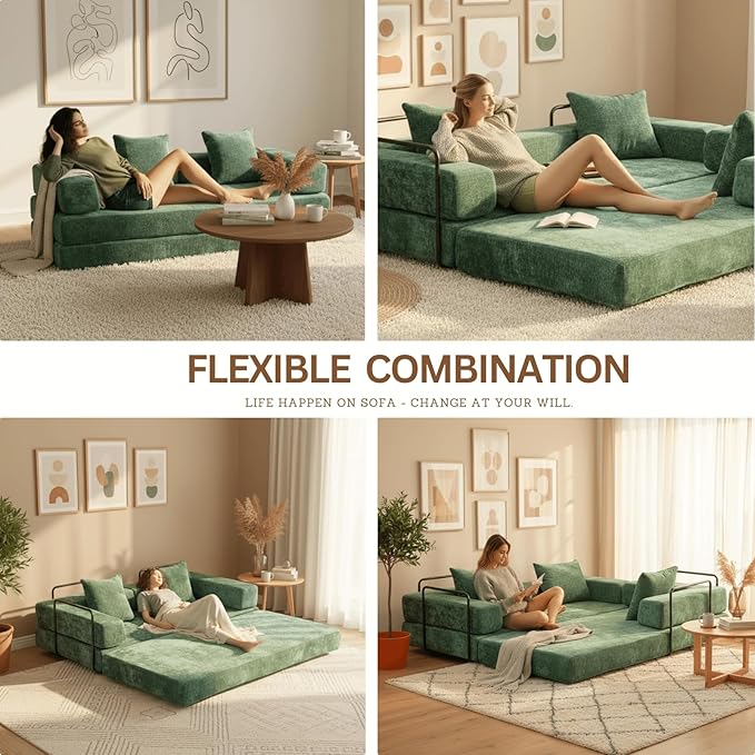 Alpen 77 Convertible Sleeper Sofa Bed with Pillow - Chenille Fabric &amp High-Density Sponge &amp Fixed-Shape Frame Modular Sofa for Living Room/Lounge/Studio Green