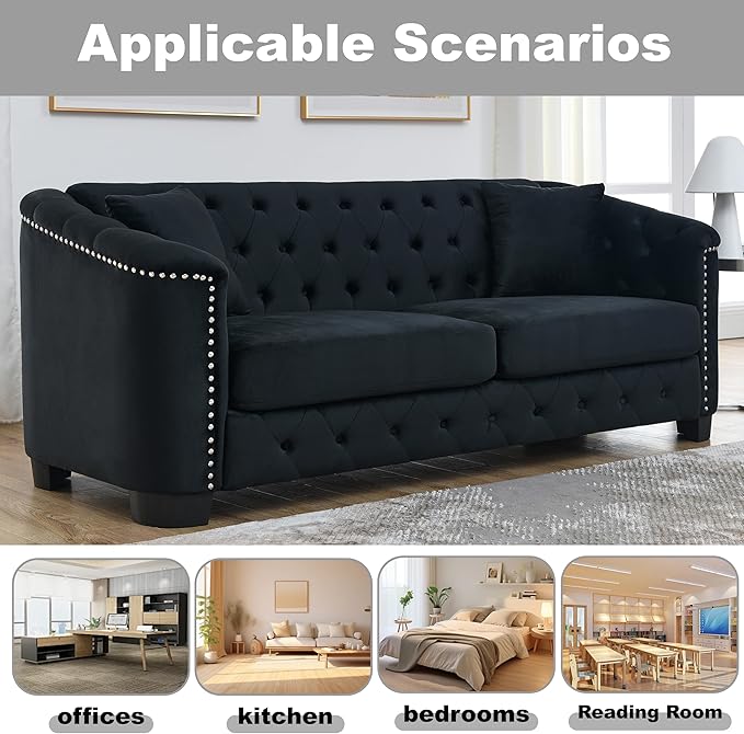 2 Piece Modern Chesterfield Velvet 77 3-Seater+59 Loveseat Sofa Set Upholstered Tufted Backrests with Nailhead Arms and 4 Cushions for Living Room Bedroom ApartmentBlack