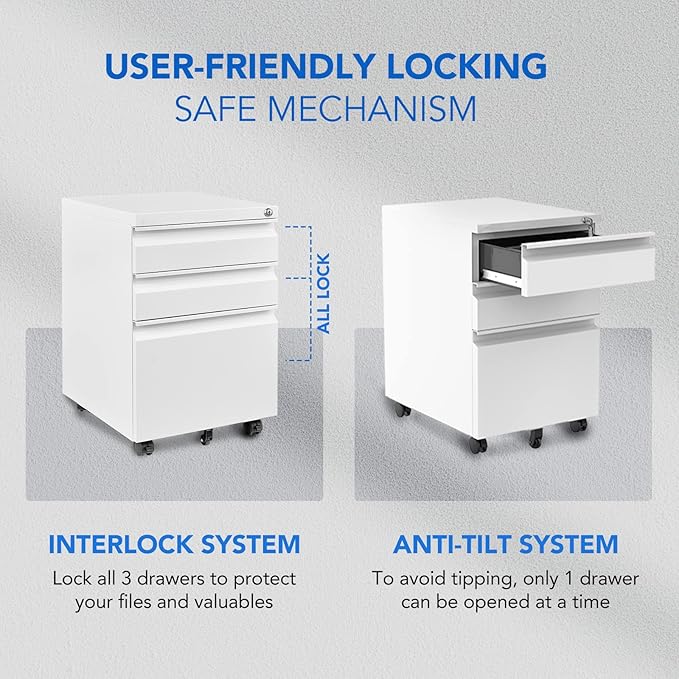 FLEXISPOT Mobile File Cabinet for Home Office Under Desk Storage with Lock Keys 3 Drawer File Cabinet for Legal/Letter/A4 File White