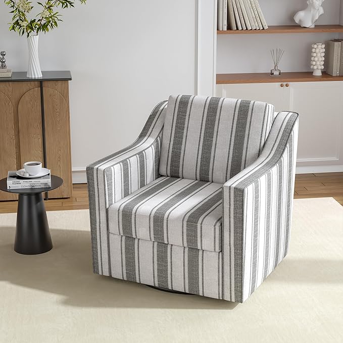 Swivel Accent Chair 360° Swivel Upholstered Club Armchairs for Living Room Comfy Fabric Single Sofa Reading Chair with Deep Seat Metal Swivel Base Gray Stripe