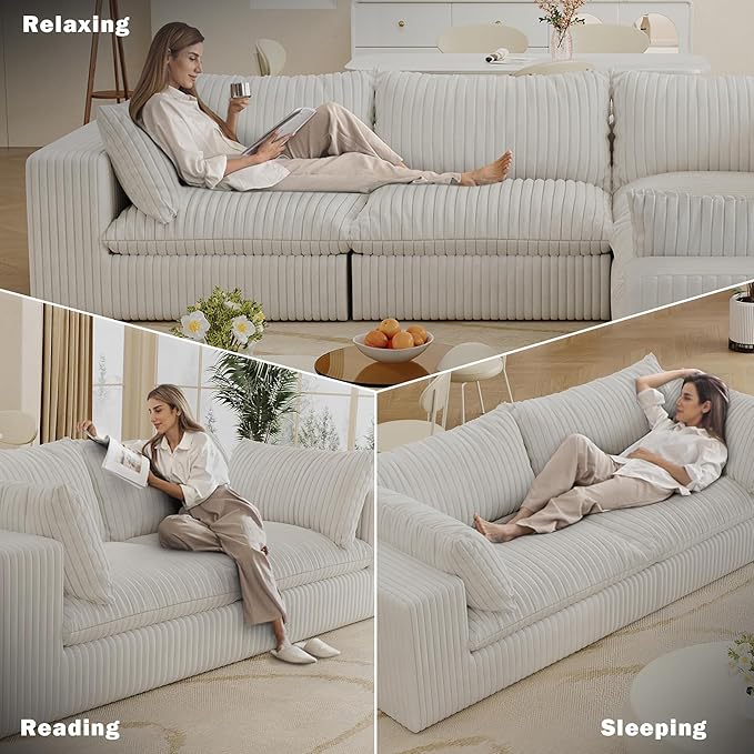 118.2 Modern V Shaped Corner Sofa Comfy Modular Sectional Cloud Couch with Plush Corduroy Fabric Deep Seat Upholstered Sofa Fluffy Boneless Couches for Living Room No Assembly (White)