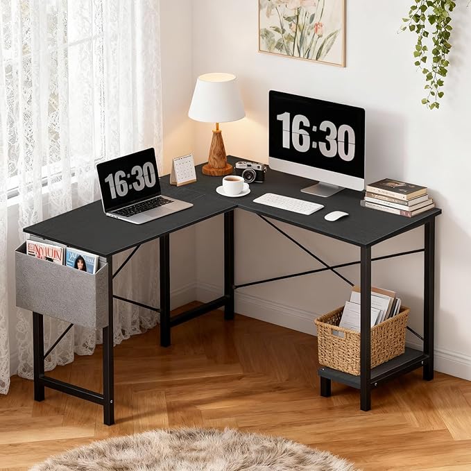 OLIXIS L Shaped Desk 50-Inch Office Computer Gaming Desks Corner PC Table with Side Bag and Reversible Shelf for Home Work Study Writing Black