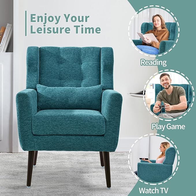Modern Accent Chair Upholstered Arm Chair with Waist Pillow Single Sofa Chair for Living Room Bedroom Small Spaces (Teal)
