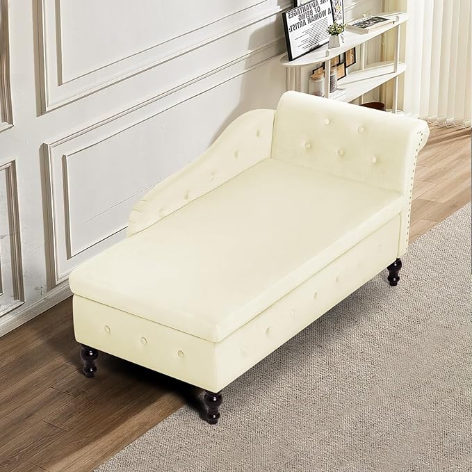 Upholstered Chaise Lounge with Right Armrest &amp Lumbar PillowButton Tufted Lounge Sofa with StorageLounge Chair IndoorModern Velvet Lounge Chair for Bedroom Living Room and OfficeBeige