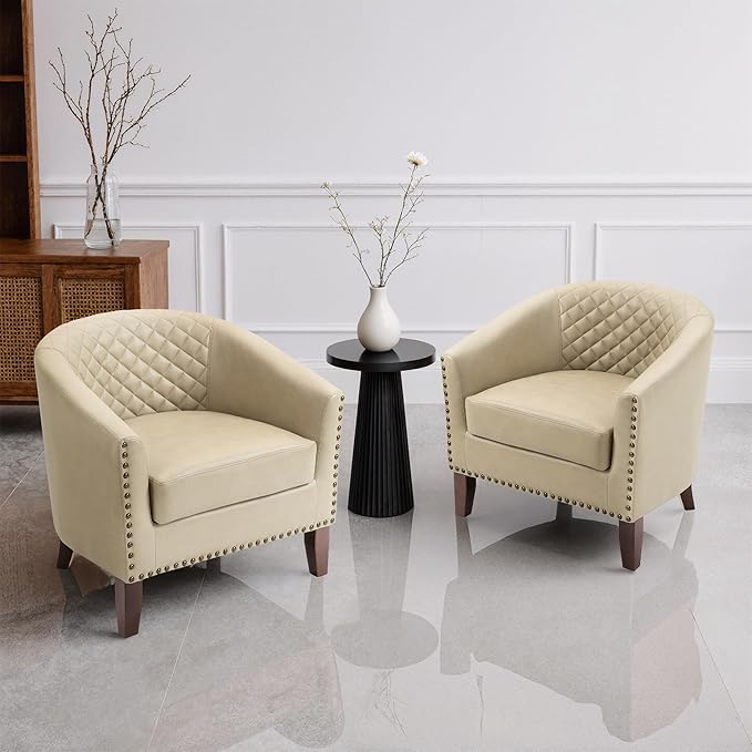 Faux Leather Accent Chairs Set of 2 Upholstered Barrel Club Chair for Living Room Comfy Round Armchair with Nailed Trim for Bedroom Office-Beige