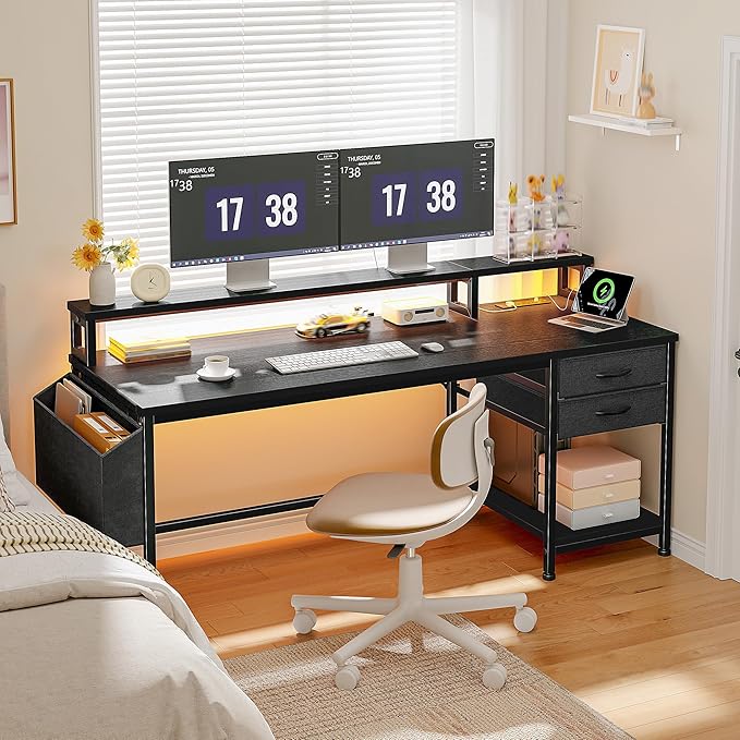 55 Computer Desk with Drawers &amp Storage Bag Gaming Desk with Power Outlets and LED Lights Office Desk with Monitor Stand for Bedroom Gaming Room Study Work Home Office Black