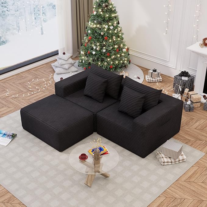 Modular Cloud Couch Sectional Deep Seat No-Bone Corduroy Sofa with Ottoman Oversized Comfy Modular Sofa for Living Room Bedroom Apartment No Assembly Flexible Layout (Black Loveseat+Ottoman)