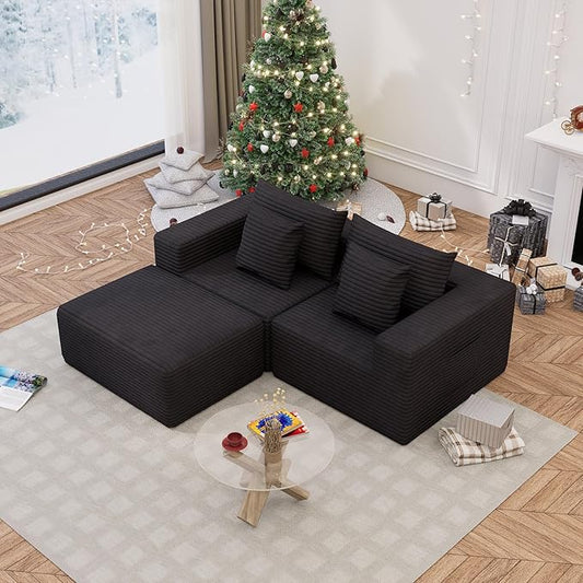 Modular Cloud Couch Sectional Deep Seat No-Bone Corduroy Sofa with Ottoman Oversized Comfy Modular Sofa for Living Room Bedroom Apartment No Assembly Flexible Layout (Black Loveseat+Ottoman)