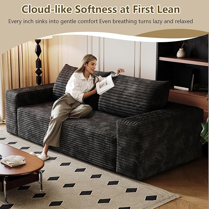 63 Boneless Loveseat Sofa - Cloud Couch with Memory Foam Comfy Deep Seat - Corduroy Floor Sofa No Assembly Required - Small Space Friendly for Living Room Bedroom Apartment Black