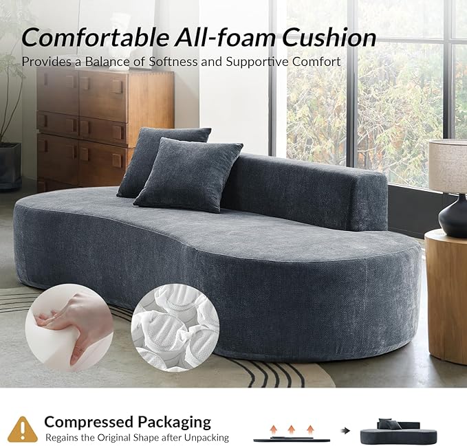 94.5 Boneless Sofa with 2 Pillows 3 Seater Compressed Foam Sofa with Half Moon Design &amp Deep Seat No Assembly Required Modern Cloud Couch for Living Room Blue