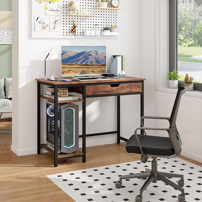 GOFLAME Computer Desk with Drawer Writing Desk with Power Outlets Storage Shelf Monitor Stand Gaming Desk Table Workstation for Home Office Bedroom Rustic Brown
