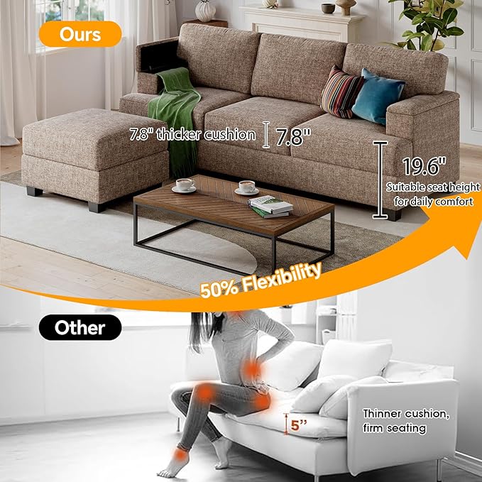 85'' L Shaped Couch with Armrest Organizer3 Seats Sofas with Movable OttomanComfy Sectional Sofa with Thick CushionChenille Sectional Couches for Living RoomBedroomApartmentHome FurnitureBrown