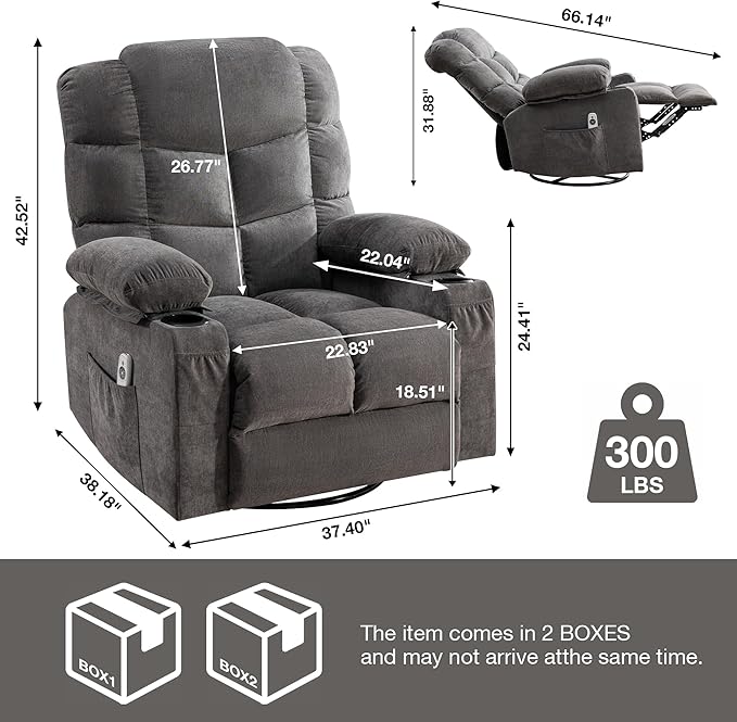Massage Rocker Recliner Chair with Heat and Vibration Ergonomic Rocking Lounge Chair for Living Room Comfy with 2 Side Pockets 2 Cup Holders USB Charge Port (Grey)