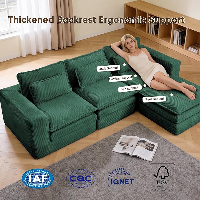 109 L Shape Modular Sectional Sofa with Ottoman Boneless Couch Three-Layer Deep 3 Seat Convertible Pull Out Sofa Bed Sleeper for Living Room No Assembly 109 L-Green