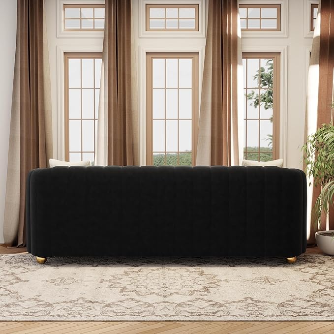 KEAI 83.46 Velvet Couch for Living Room Large Modern Sofa with Gold Metal Sphere Legs Office Upholstered Comfy 3 Seater Couches Cute Sherpa Bedroom Furniture (Black)