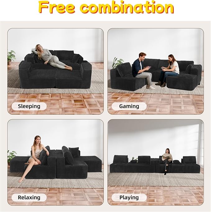 132 U Shaped Boneless Couch Cloud Sectional Modular Sofa with Double Chaise Lounge Corduroy Cloud Couch with Pillows &amp Deep Seat Boneless Sofa for Living Room Grey