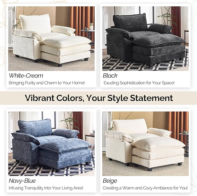 VINGLI Oversized Sofa Chair and a Half with Deep Seat &amp Movable 2-Layer Ottoman Set Comfy Cloud Sofa Bed with Chaise 1-Seater Modular Sectional Sleeper Couch for Living Room Teddy-Fleece Beige