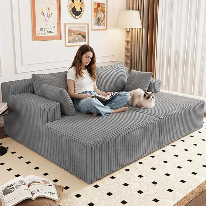 70.8 Oversized Double Chaise Lounge Indoor Upholstered Deep Seat Cloud Couch Corduroy Lounge Chair Modern Sofa Bed Loveseat Sleeper Chair for Living Room Bedroom Apartment Light Gray