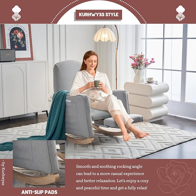 Modern Rocking Chair Nursery Comfy Glider Nursery Chair with Foot Rest Upholstered Rocker with Pocket Accent Reading Armchair with Solid Wood Base for Living Room Bedroom Lounge Room (Light Gray)
