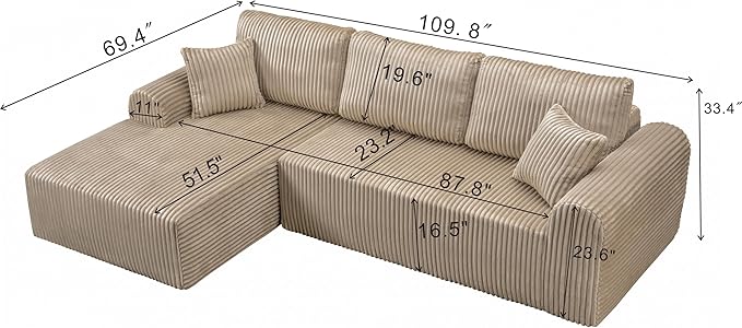 109-Inch L-Shaped Left Facing Boneless Corner Sofa 2 PCS Modular Sectional Cloud Sofa Couch with Chaise Lounge and Toss Pillow Corduroy Boneless L-Shaped Couches