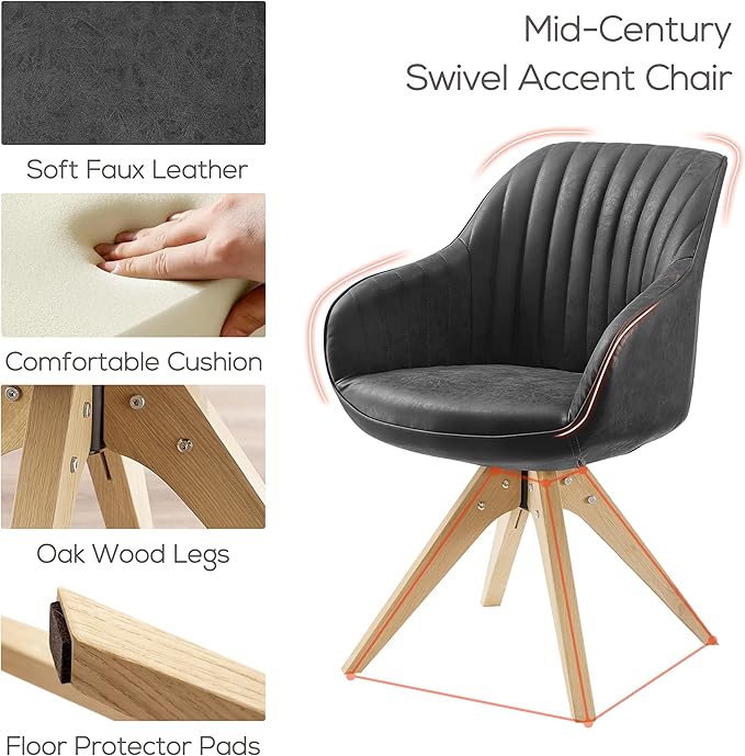 Art Leon Dining Chair Mid Century Modern Faux Leather Upholstered Swivel Dining Room Chair with Oak Wood Legs Leisure Side Chair with Arms for Living Room Black