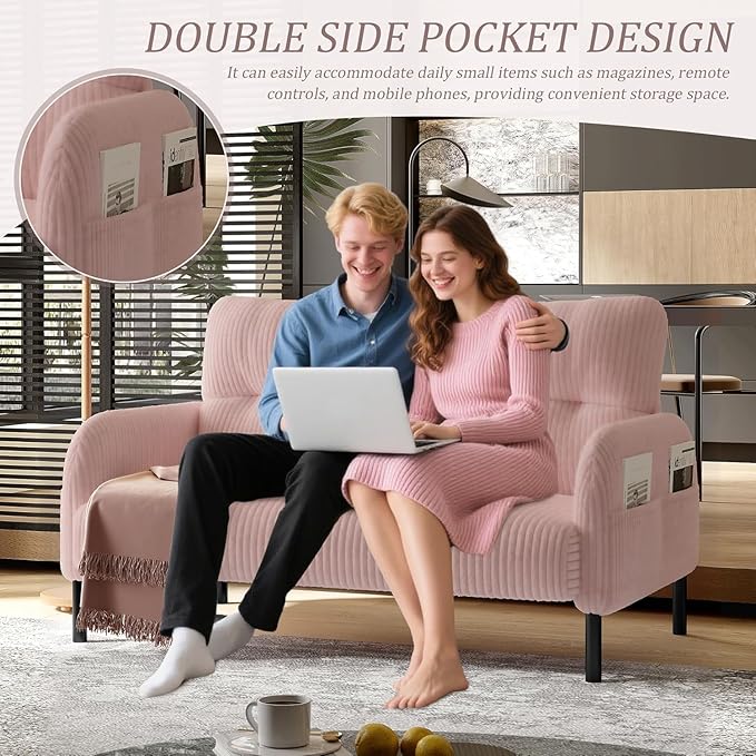 Corduroy Loveseat for Living Room &amp Bedroom - Modern 2-Seater Sofa with Storage PocketsSolid Wood Frame High-Density FoamComfortable Compact Couch for Small Spaces500 lb Capacity (Pink)