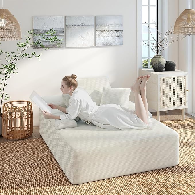 70 Chaise Lounge Chair Indoor Corduroy Upholstered Boneless Sofa Bed Couch with Armrests and 3 Pillows Cloud Sleeper Sofa Chair Couches for Living Room Bedroom No Assembly Required (Beige-70)