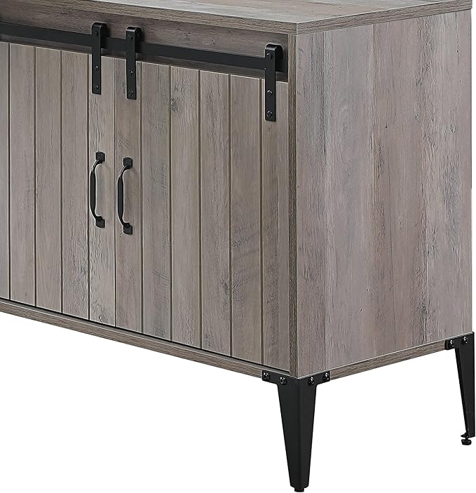 Zakwani 48 Gray Oak &amp Black Finish L-Shape Writing Desk Modern Home Office Desk with Sliding Barn Door