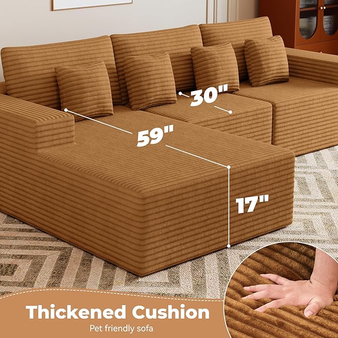 111‘’ Modular Sectional Cloud Couches with L Shaped Upholstered Deep Seat Boneless Sofa for Living Room Bedroom No Assembly Required-Camel