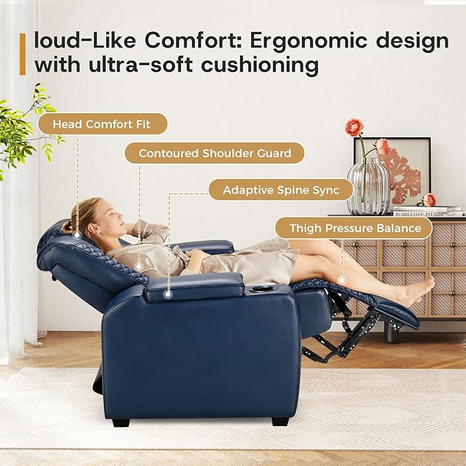 ANJ Power Home Theater Seating Set of 2 Blue Faux Leather Electric Recliner Chair with Adjustable Headrest Dual Motors Movie Reclining Chairs with LED LightsUSB portCup Holders Hidden Arm Storage