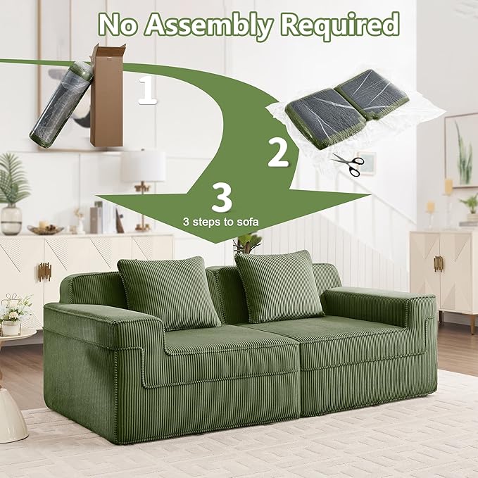 Loveseat Boneless Sofa Couches for Living Room-81 Green 2 Seater Cloud Couch-No Assembly Required Modular Corduroy Full Sponge Compression Sofas for House Apartment